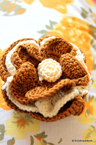 Brown and Beige Crochet Flower Applique x 1